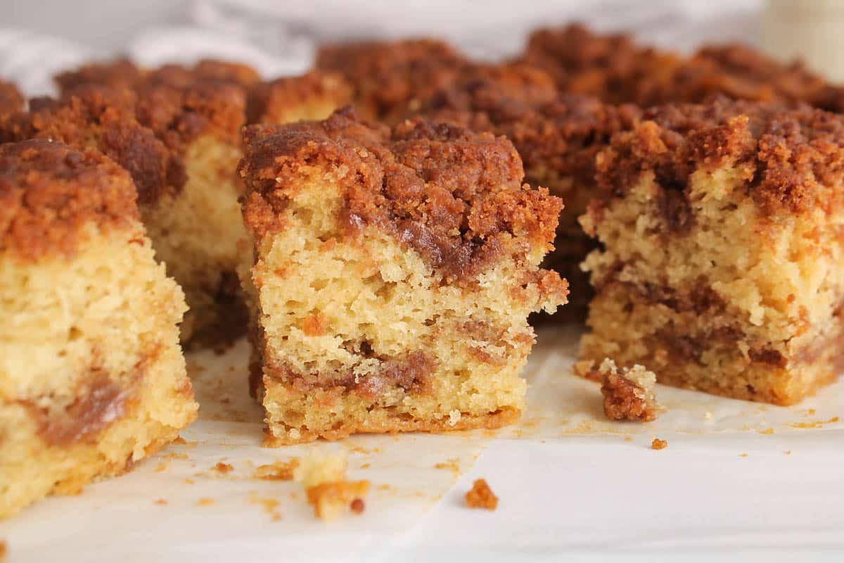 Squares of sourdough discard coffee cake on parchment paper.