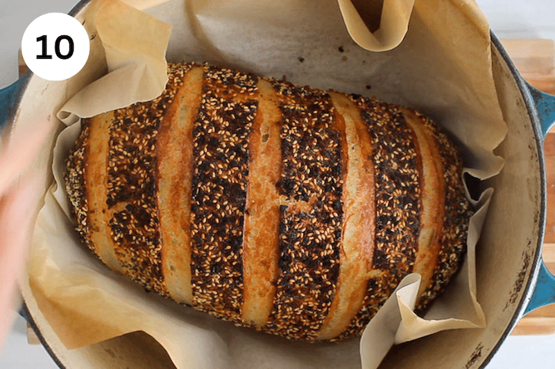 Everything bagel sourdough bread ina Dutch oven.