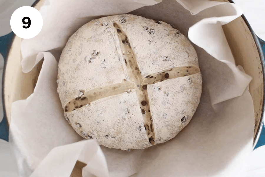 A scored ball of dough in a Dutch oven.